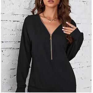 French Connection Top Sz M Half Zip Around V Neck Front Back Black Wool blend